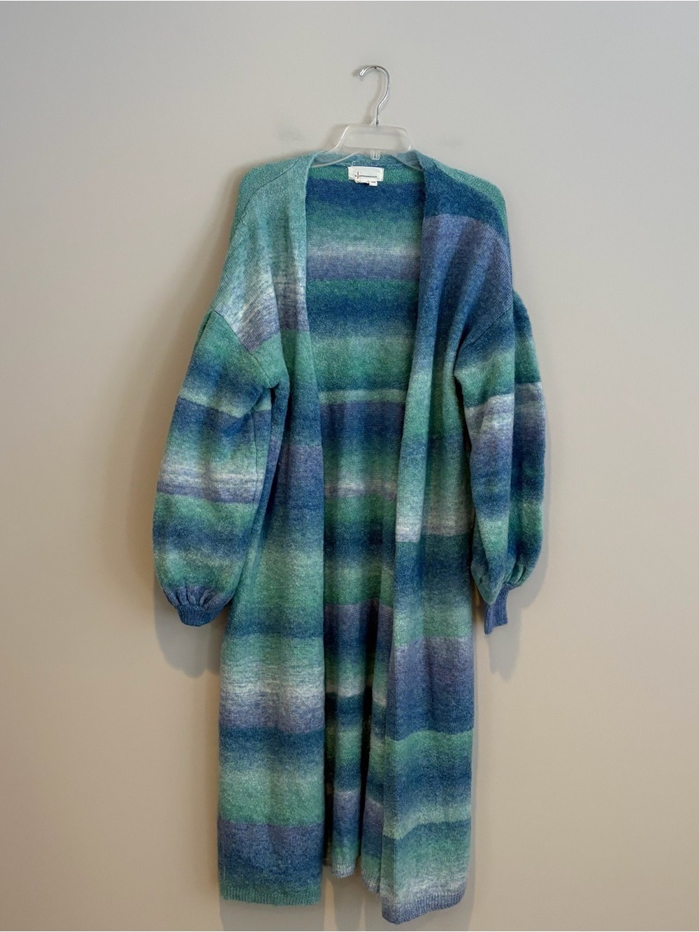 Anthropologie Striped Open-Front Blue & Green Balloon Sleeve Long Cardigan O/S